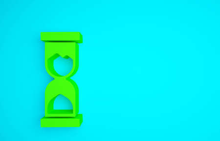 Green Old hourglass with flowing sand icon isolated on blue background. Sand clock sign. Business and time management concept. Minimalism concept. 3d illustration 3D renderの写真素材