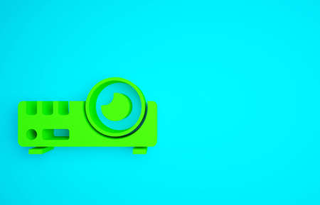 Green Presentation, movie, film, media projector icon isolated on blue background. Minimalism concept. 3d illustration 3D renderの写真素材