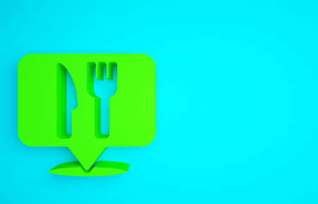 Green Cafe and restaurant location icon isolated on blue background. Fork and spoon eatery sign inside pinpoint. Minimalism concept. 3d illustration 3D render.の写真素材