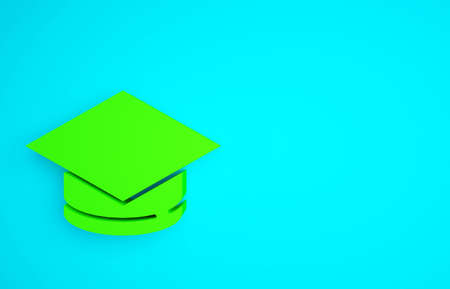 Green Graduation cap icon isolated on blue background. Graduation hat with tassel icon. Minimalism concept. 3d illustration 3D renderの写真素材