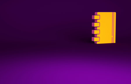 Orange Notebook icon isolated on purple background. Spiral notepad icon. School notebook. Writing...