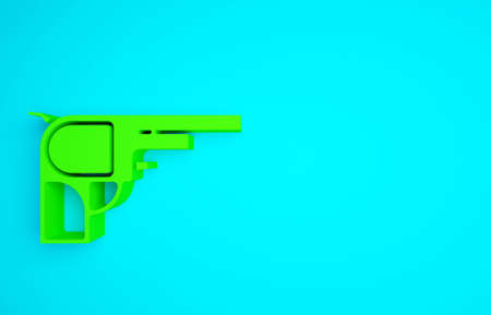 Green Revolver gun icon isolated on blue background. Minimalism concept. 3d illustration 3D renderの写真素材