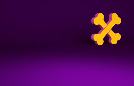 Orange Crossed human bones icon isolated on purple background. Minimalism concept. 3d illustration...