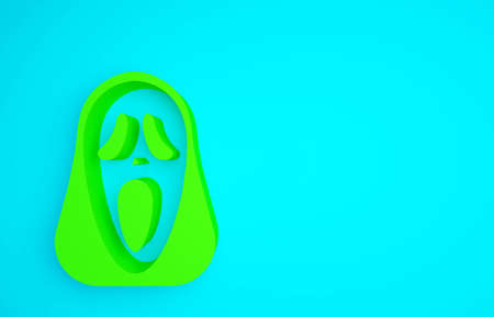 Green Funny and scary ghost mask for Halloween icon isolated on blue background. Happy Halloween party. Minimalism concept. 3d illustration 3D renderの写真素材