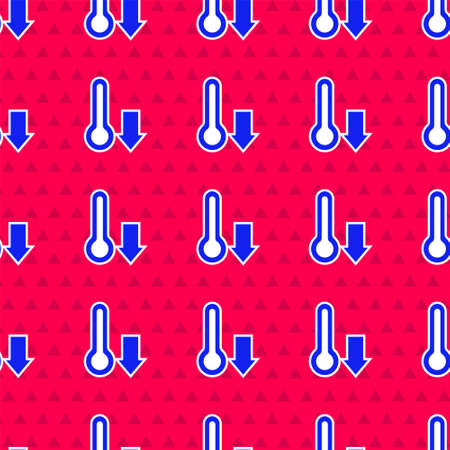 Blue Meteorology thermometer measuring icon isolated seamless pattern on red background. Thermometer equipment showing hot or cold weather. Vectorのイラスト素材