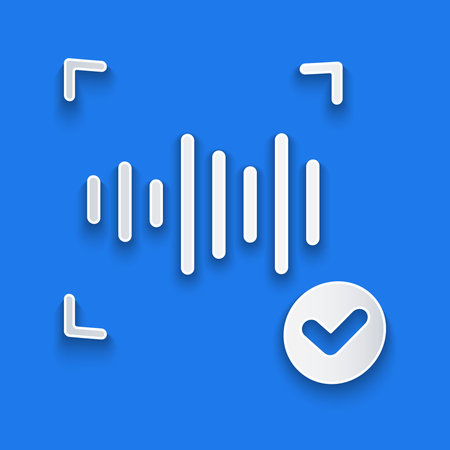 Paper cut Voice recognition icon isolated on blue background. Voice biometric access authentication...