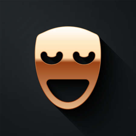 Gold Comedy theatrical mask icon isolated on black background. Long shadow style. Vectorのイラスト素材