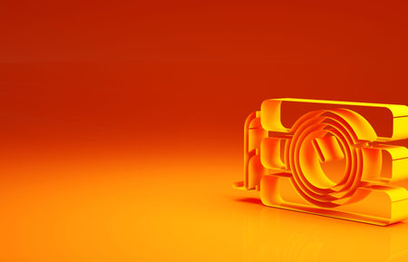 Yellow Detonate dynamite bomb stick and timer clock icon isolated on orange background. Time bomb -...