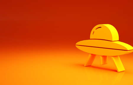 Yellow UFO flying spaceship icon isolated on orange background. Flying saucer. Alien space ship. Futuristic unknown flying object. Minimalism concept. 3d illustration 3D renderの写真素材