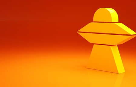 Yellow UFO flying spaceship icon isolated on orange background. Flying saucer. Alien space ship. Futuristic unknown flying object. Minimalism concept. 3d illustration 3D renderの写真素材