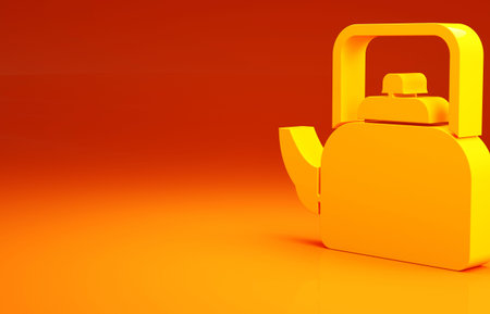 Yellow Kettle with handle icon isolated on orange background. Teapot icon. Minimalism concept. 3d...