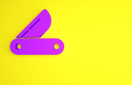 Purple Swiss army knife icon isolated on yellow background. Multi-tool, multipurpose penknife....