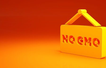 Yellow No GMO icon isolated on orange background. Genetically modified organism acronym. Dna food modification. Minimalism concept. 3d illustration 3D renderの写真素材