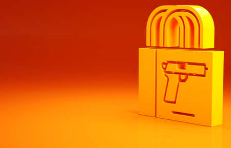 Yellow Buying gun pistol icon isolated on orange background. Buying weapon. Minimalism concept. 3d illustration 3D renderの写真素材