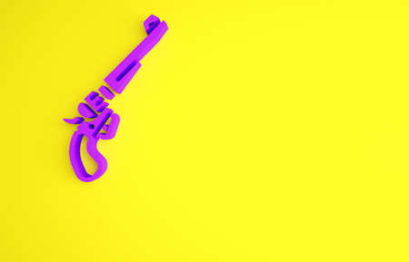 Purple Revolver gun icon isolated on yellow background. Minimalism concept. 3d illustration 3D renderの写真素材