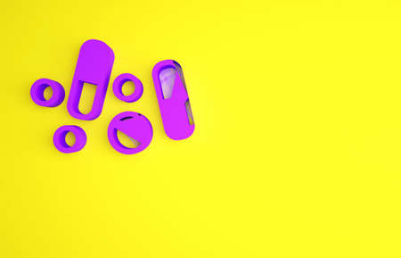 Purple Medicine pill or tablet icon isolated on yellow background. Capsule pill and drug sign. Pharmacy design. Minimalism concept. 3d illustration 3D renderの写真素材