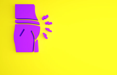 Purple Abdominal bloating icon isolated on yellow background. Constipation or diarrhea. Minimalism...