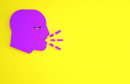 Purple Man coughing icon isolated on yellow background. Viral infection, influenza, flu, cold symptom. Tuberculosis, mumps, whooping cough. Minimalism concept. 3d illustration 3D render.の写真素材