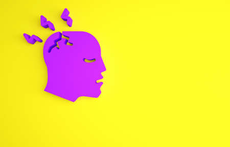 Purple Man having headache, migraine icon isolated on yellow background. Minimalism concept. 3d illustration 3D renderの写真素材
