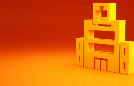 Yellow Medical hospital building with cross icon isolated on orange background. Medical center. Health care. Minimalism concept. 3d illustration 3D renderの写真素材