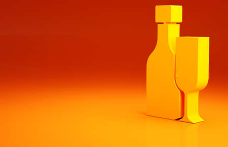 Yellow Wine bottle with glass icon isolated on orange background. Minimalism concept. 3d illustration 3D renderの写真素材
