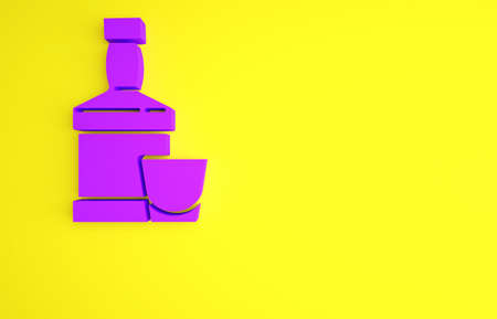 Purple Whiskey bottle and glass icon isolated on yellow background. Minimalism concept. 3d illustration 3D renderの写真素材