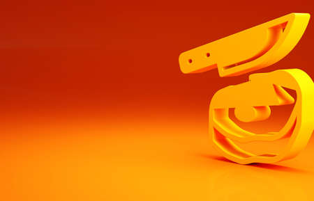 Yellow Steak meat and knife icon isolated on orange background. Slicing meat. Minimalism concept. 3d illustration 3D renderの写真素材
