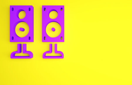 Purple Stereo speaker icon isolated on yellow background. Sound system speakers. Music icon. Musical...