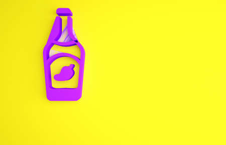 Purple Ketchup bottle icon isolated on yellow background. Hot chili pepper pod sign. Barbecue and BBQ grill symbol. Minimalism concept. 3d illustration 3D renderの写真素材