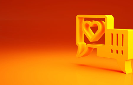 Yellow Heart in speech bubble icon isolated on orange background. Minimalism concept. 3d illustration 3D renderの写真素材