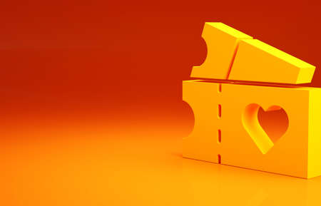 Yellow Love ticket icon isolated on orange background. Valentines day sign. Couple relationships symbol. Minimalism concept. 3d illustration 3D renderの写真素材