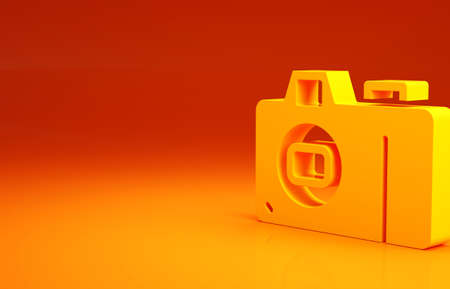 Yellow Photo camera icon isolated on orange background. Foto camera icon. Minimalism concept. 3d illustration 3D renderの写真素材
