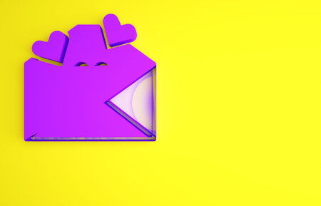 Purple Envelope with Valentine heart icon isolated on yellow background. Message love. Letter love...