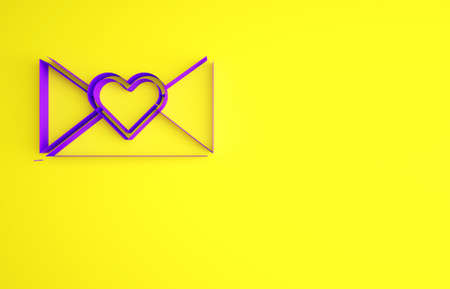 Purple Envelope with Valentine heart icon isolated on yellow background. Message love. Letter love and romance. Minimalism concept. 3d illustration 3D renderの写真素材