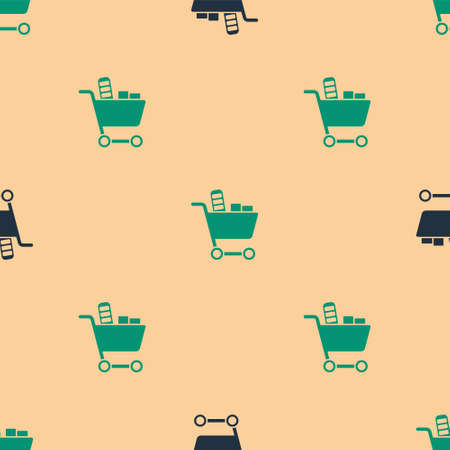 Green and black Shopping cart and food icon isolated seamless pattern on beige background. Food store, supermarket. Vectorのイラスト素材