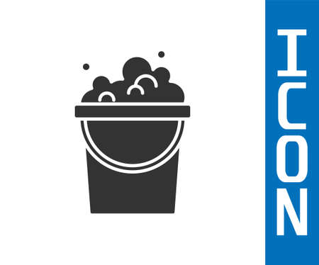 Grey Bucket with soap suds icon isolated on white background. Bowl with water. Washing clothes, cleaning equipment. Vectorのイラスト素材