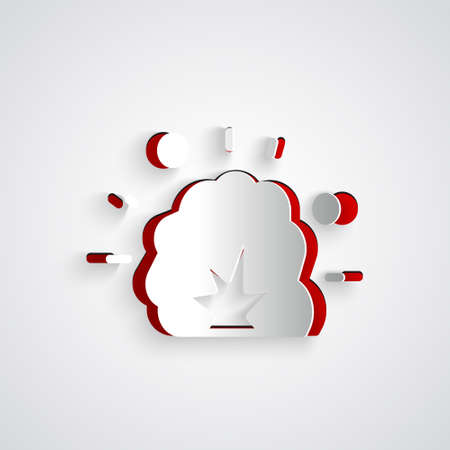 Paper cut Bomb explosion with shrapnel and fireball icon isolated on grey background. Paper art style. Vectorのイラスト素材