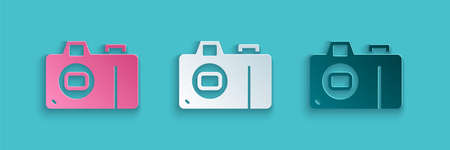 Paper cut Photo camera icon isolated on blue background. Foto camera icon. Paper art style. Vectorのイラスト素材