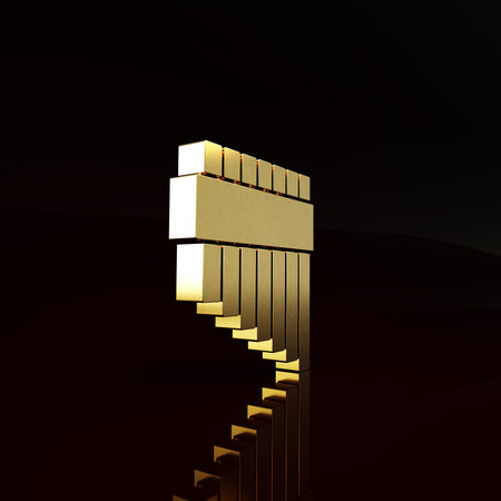 Gold Pan flute icon isolated on brown background. Traditional peruvian musical instrument. Zampona....