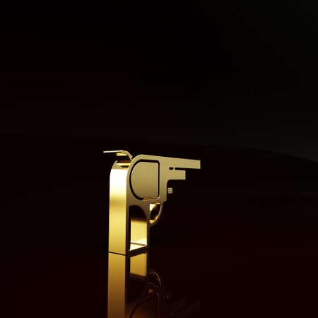 Gold Revolver gun icon isolated on brown background. Minimalism concept. 3d illustration 3D renderの写真素材