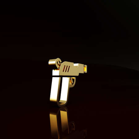 Gold Pistol or gun icon isolated on brown background. Police or military handgun. Small firearm. Minimalism concept. 3d illustration 3D renderの写真素材