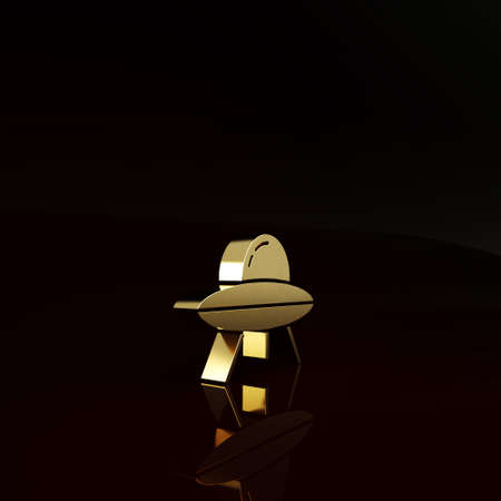Gold UFO flying spaceship icon isolated on brown background. Flying saucer. Alien space ship. Futuristic unknown flying object. Minimalism concept. 3d illustration 3D renderの写真素材