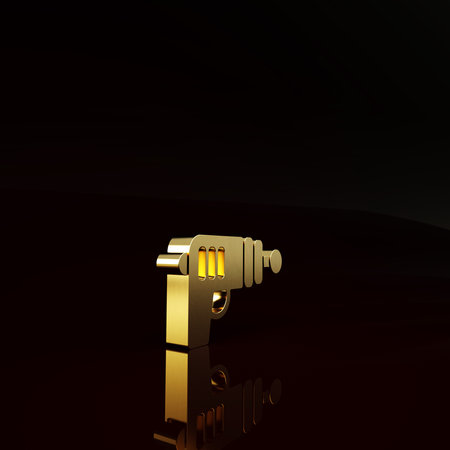 Gold Ray gun icon isolated on brown background. Laser weapon. Space blaster. Minimalism concept. 3d...