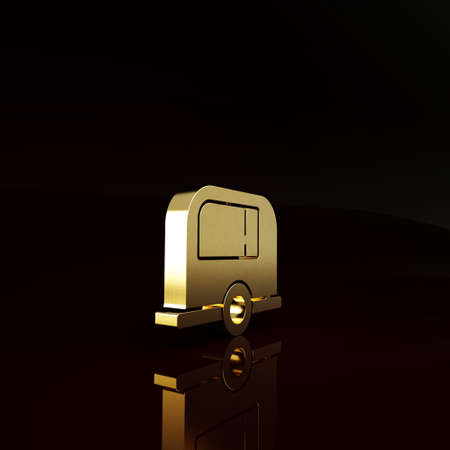 Gold Rv Camping trailer icon isolated on brown background. Travel mobile home, caravan, home camper for travel. Minimalism concept. 3d illustration 3D renderの写真素材