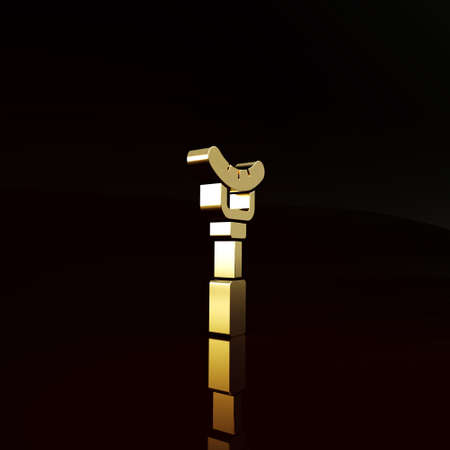 Gold Sausage on the fork icon isolated on brown background. Grilled sausage and aroma sign. Minimalism concept. 3d illustration 3D renderの写真素材