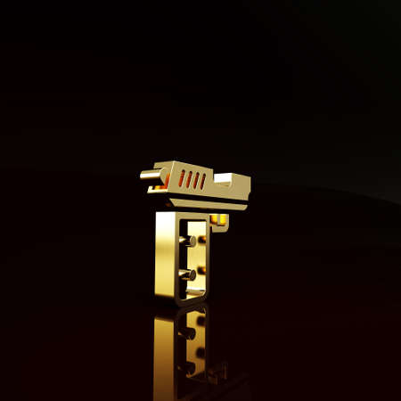 Gold Pistol or gun icon isolated on brown background. Police or military handgun. Small firearm. Minimalism concept. 3d illustration 3D renderの写真素材