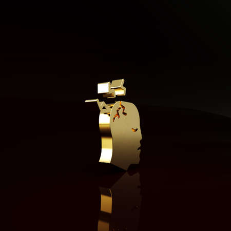 Gold Man having headache, migraine icon isolated on brown background. Minimalism concept. 3d illustration 3D renderの写真素材