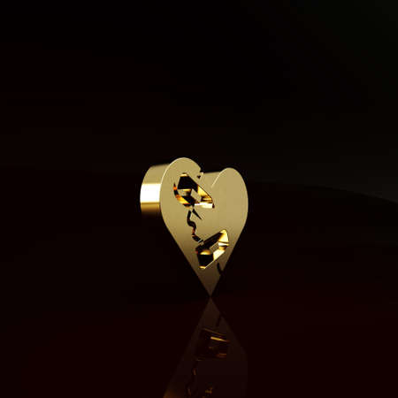 Gold Healed broken heart or divorce icon isolated on brown background. Shattered and patched heart. Love symbol. Valentines day. Minimalism concept. 3d illustration 3D renderの写真素材