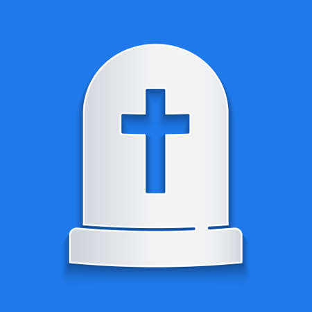 Paper cut Tombstone with cross icon isolated on blue background. Grave icon. Happy Halloween party. Paper art style. Vectorのイラスト素材