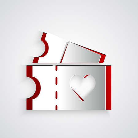 Paper cut Love ticket icon isolated on grey background. Valentines day sign. Couple relationships symbol. Paper art style. Vectorのイラスト素材